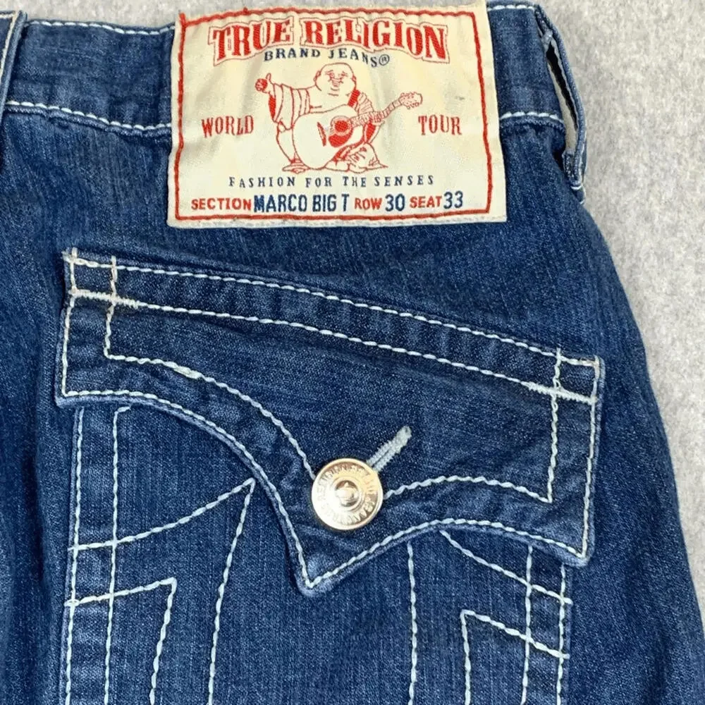 True Religion Men's Size 30x33 Blue Marco Big T Jeans Pocket Flap Western